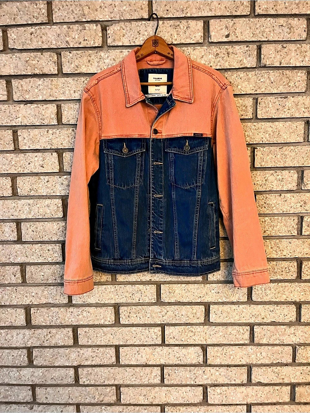 Pull&Bear Men’s M Color Block Denim Jacket Indigo Coral Trucker Y2K